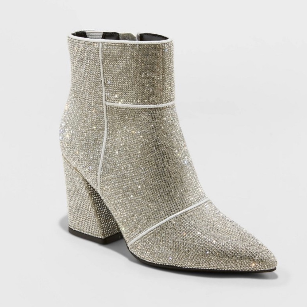 Silver Rhinestone Ankle Boots – Sparkly Block Heel